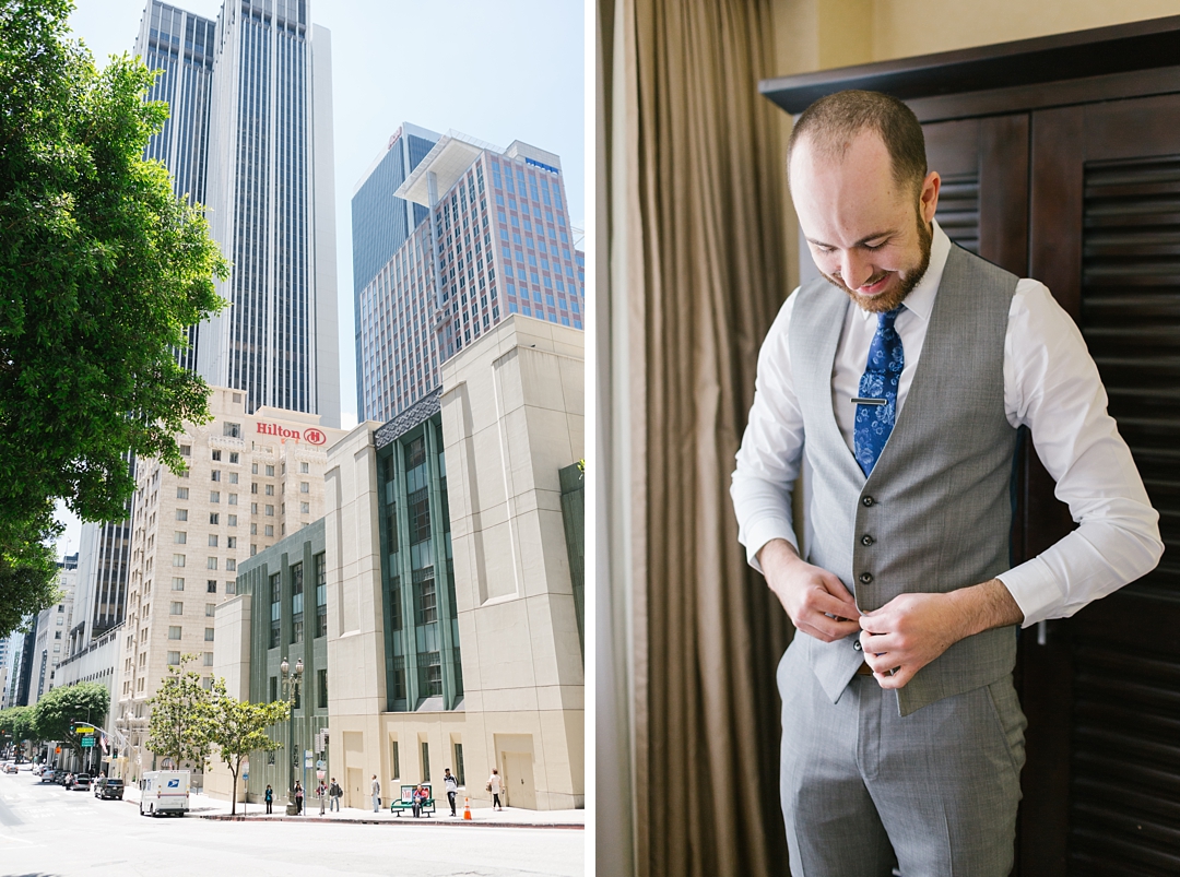 groom gets dressed at the Hilton Checkers Hotel in Los Angeles