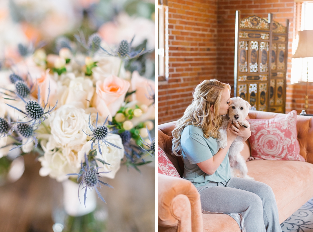 bride sits on sofa and kisses her dog, plus detail of her bouquet