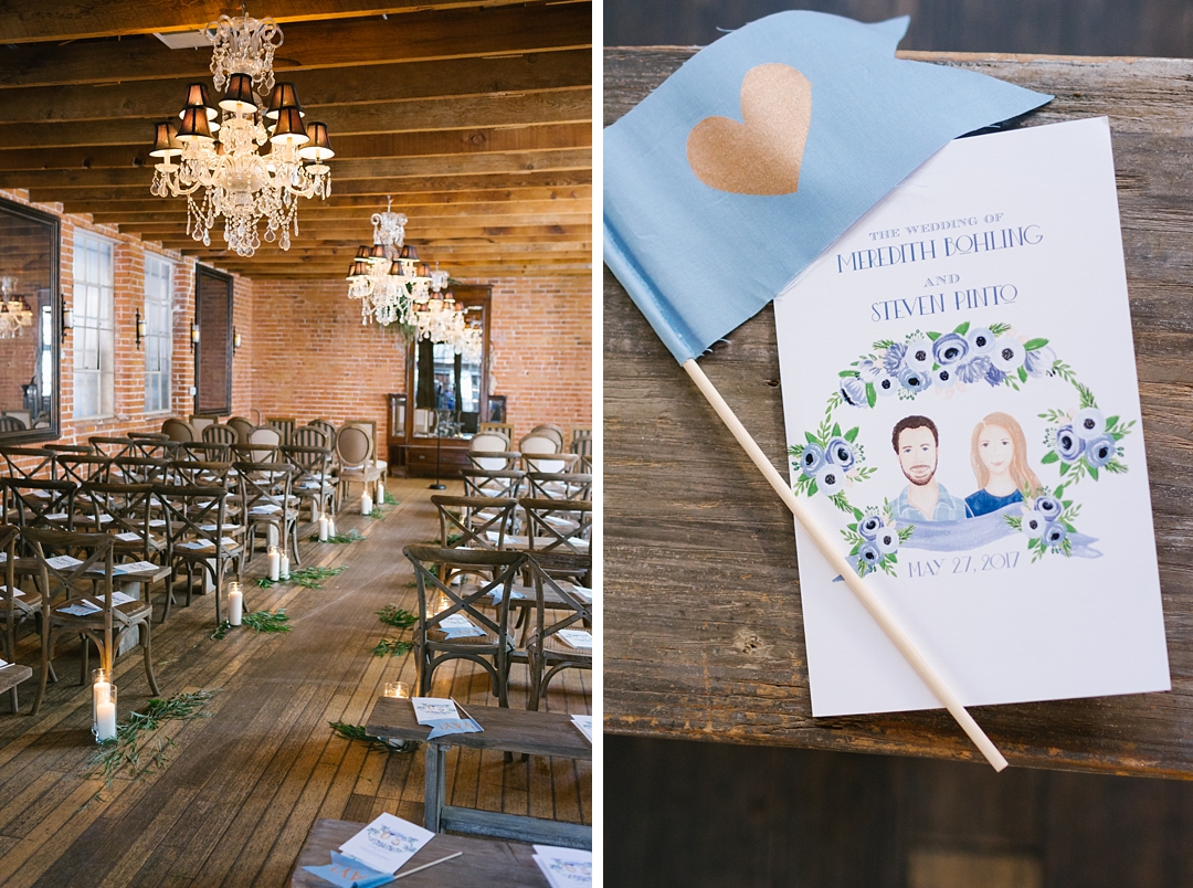 wedding program and ceremony decor with candles at carondelet house