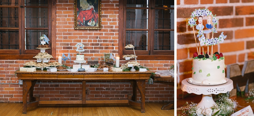 dessert table with cake and sweets at carondelet house