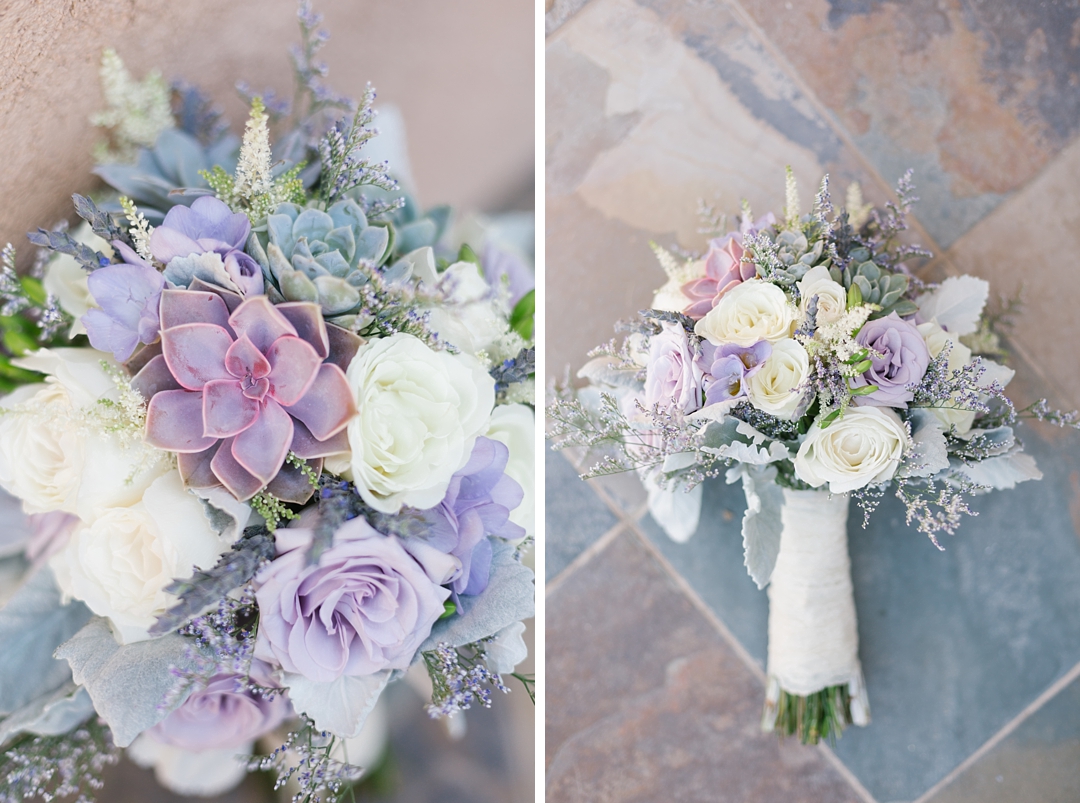 detail of purple succulent in bridal bouquet