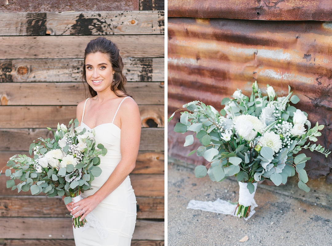 bridal portrait and bridal bouquet against rustic wood and metal