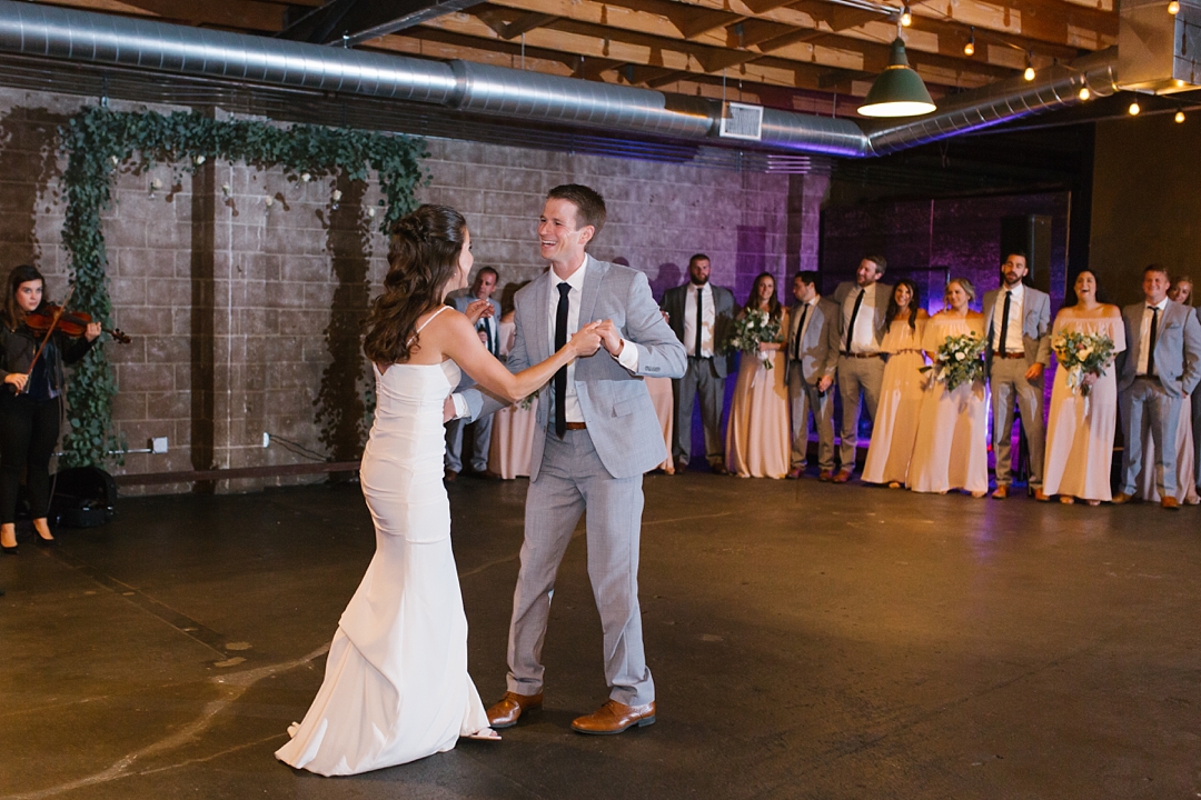 bride and groom's first dance at smoky hollow studios