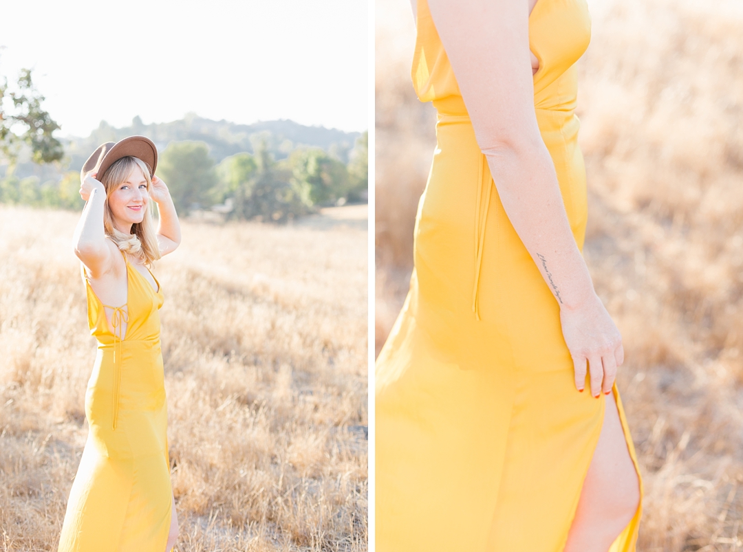 fashion forward Southern California anniversary session with yellow dress