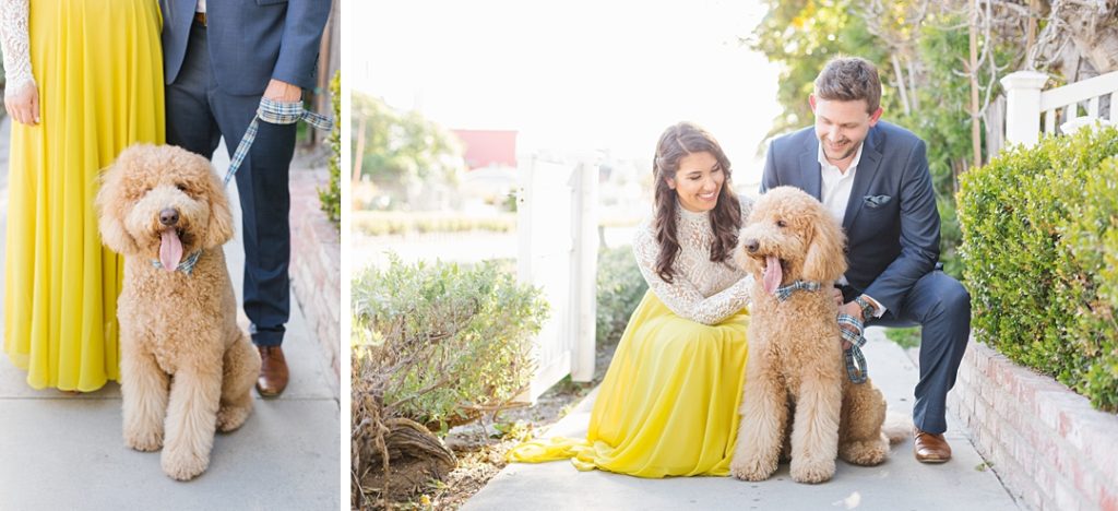 couple with golden doodle at venice canals engagement session