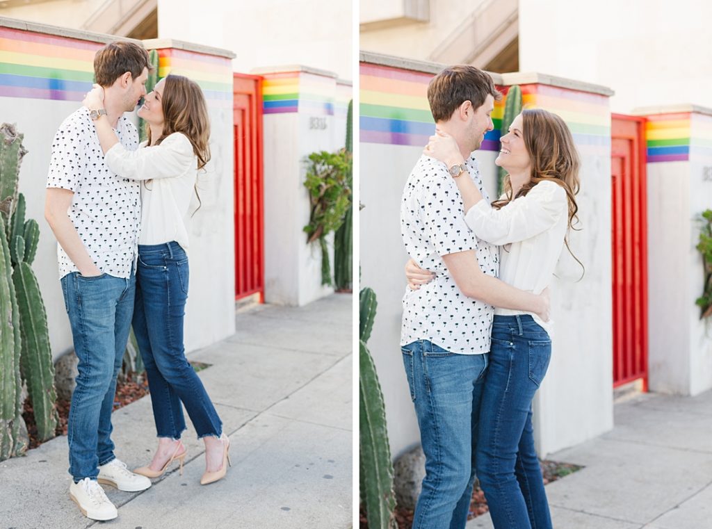 vibrant West Hollywood engagement session in front of rainbow mural
