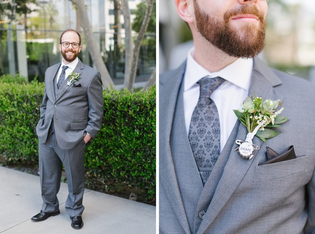 Groom wearing grey three-piece suit for a spring wedding in Los Angeles