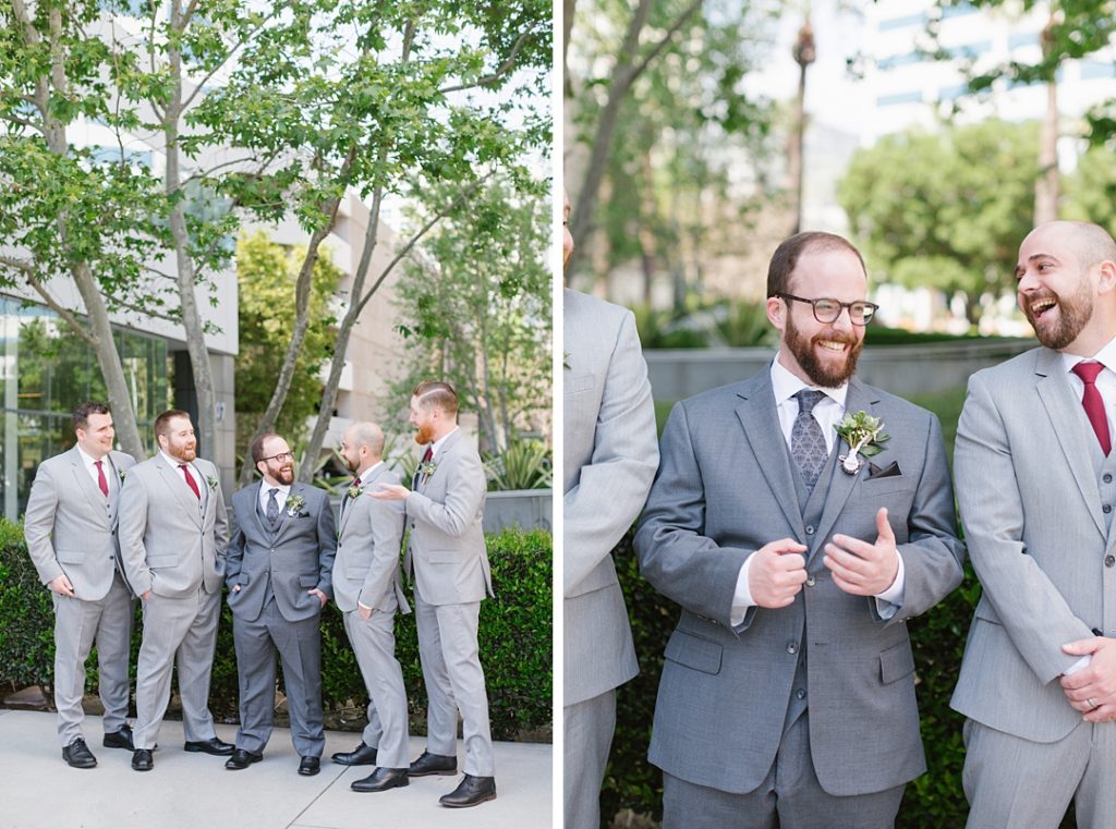groomsmen wearing light grey suits for spring wedding in Southern California