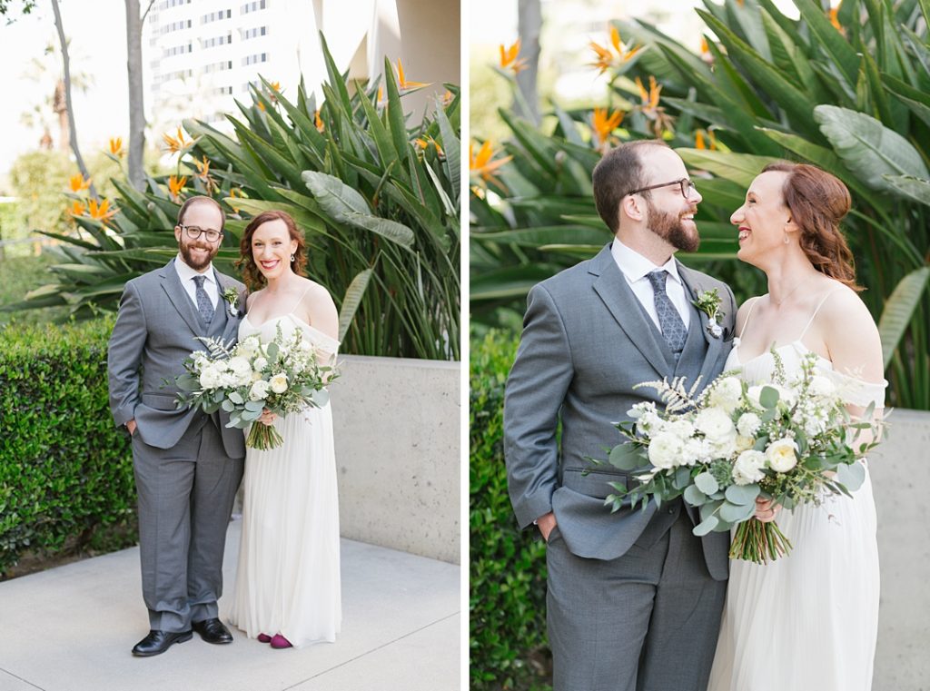 wedding portraits of smiling couple outside the Embassy Suites in Glendale, CA