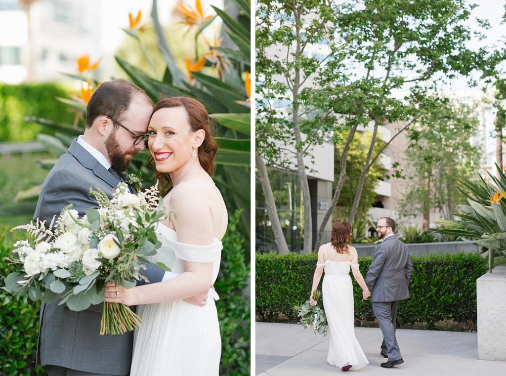 portraits of bride and groom at spring wedding in Los Angeles