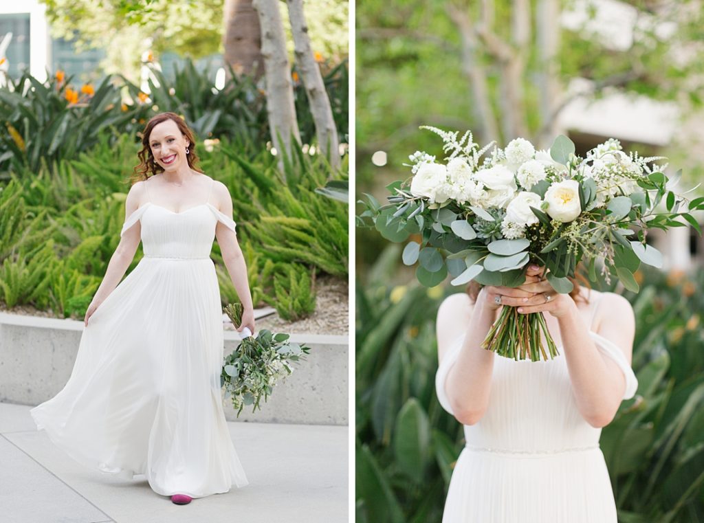 portrait of bride wearing a flowy Catherine Deane BHLDN wedding gown with white and green bouquet