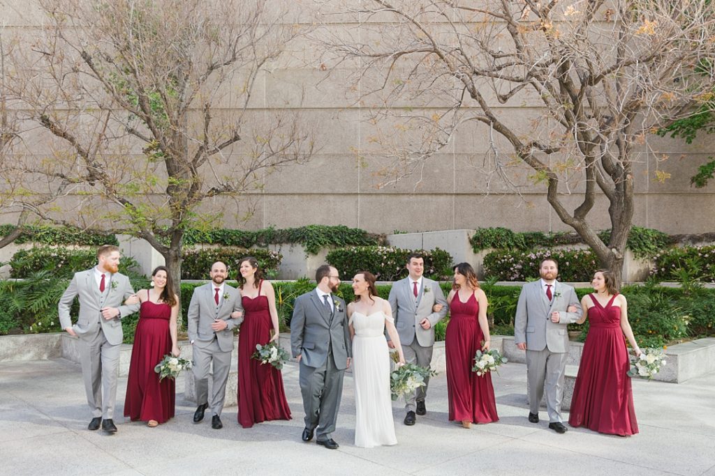 grey and maroon wedding party in Glendale, CA