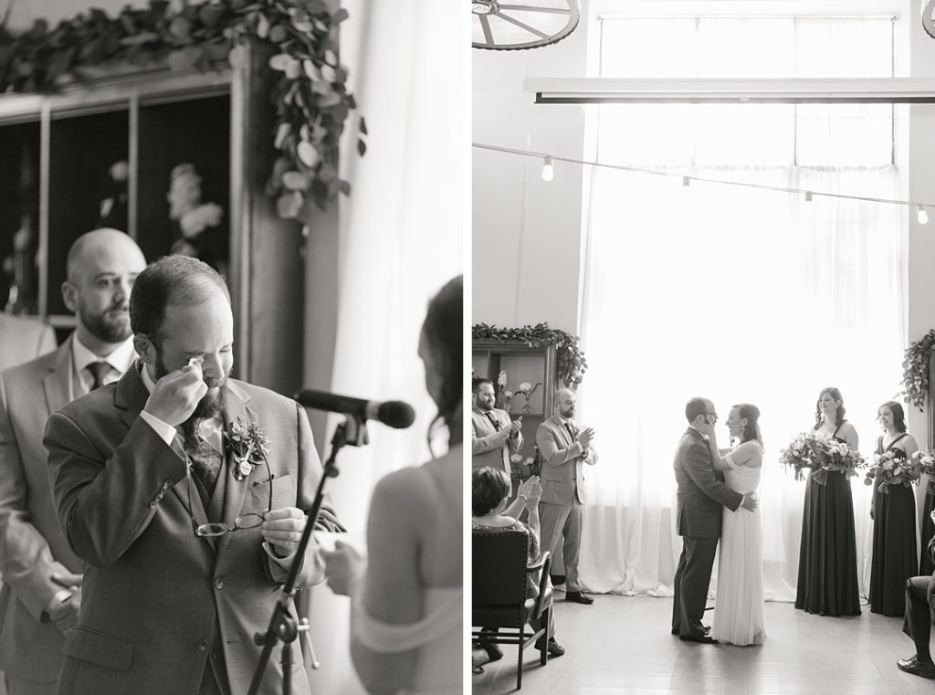 groom gets teary- eyed during wedding ceremony, black and white