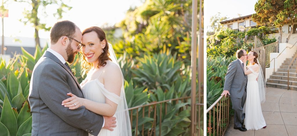 bride and groom kiss with succulents in the background outside their Los Angeles wedding venue