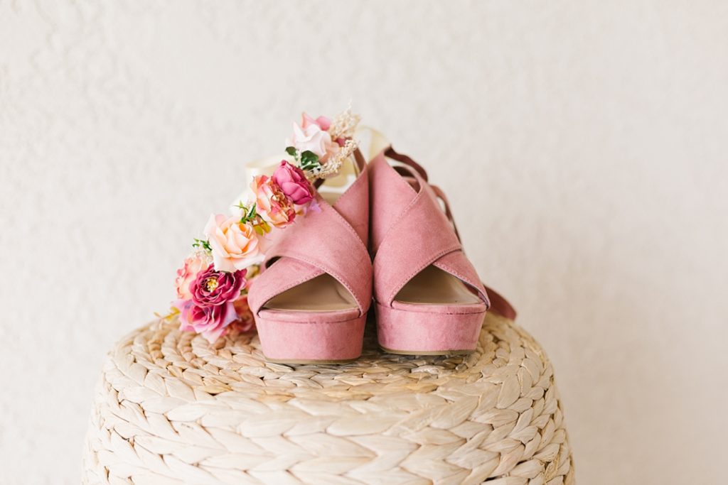 pink boho bridal shoes and flower crown
