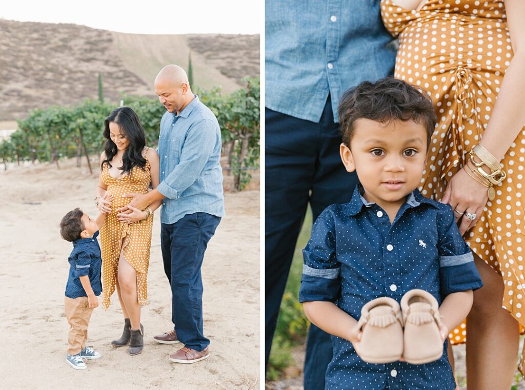 family pregnancy annoucement with son holding baby shoes
