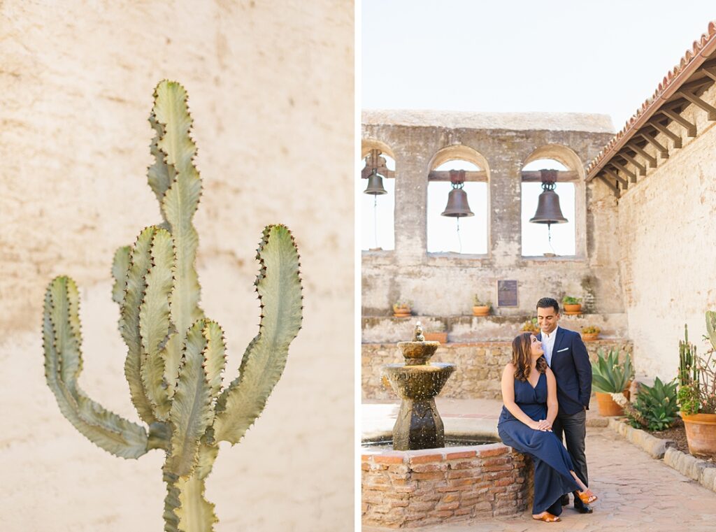 cactus and couples portraits at historic Mission San Juan Capistrano