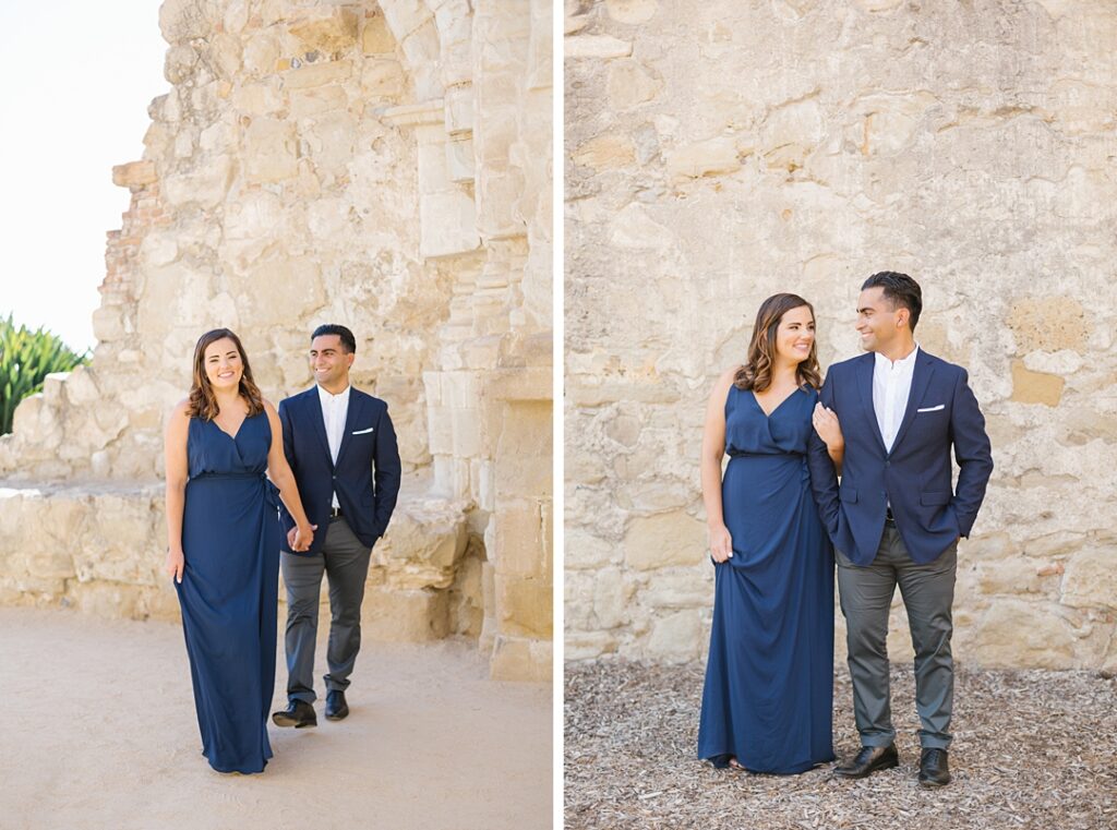 navy blue outfits for a summer engagement session at Mission San Juan Capistrano in Orange County