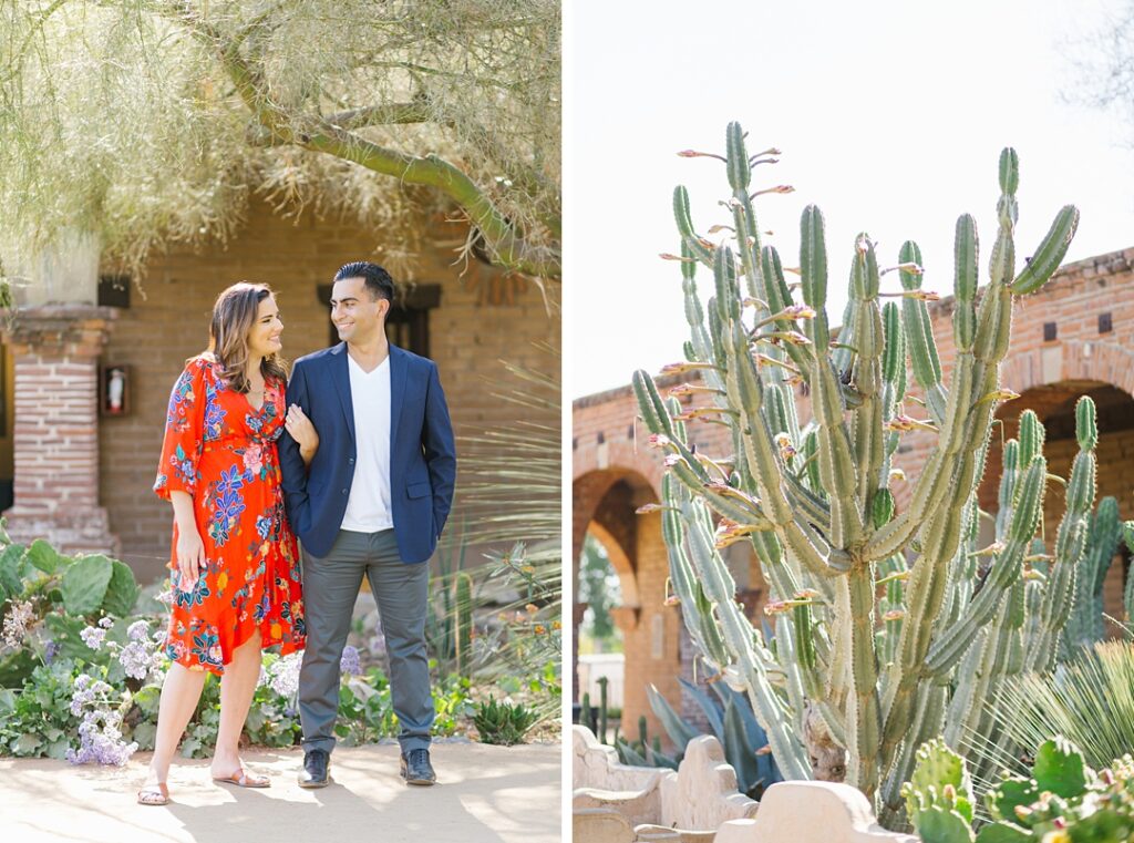 couple stands in desert garden during SoCal engagement session
