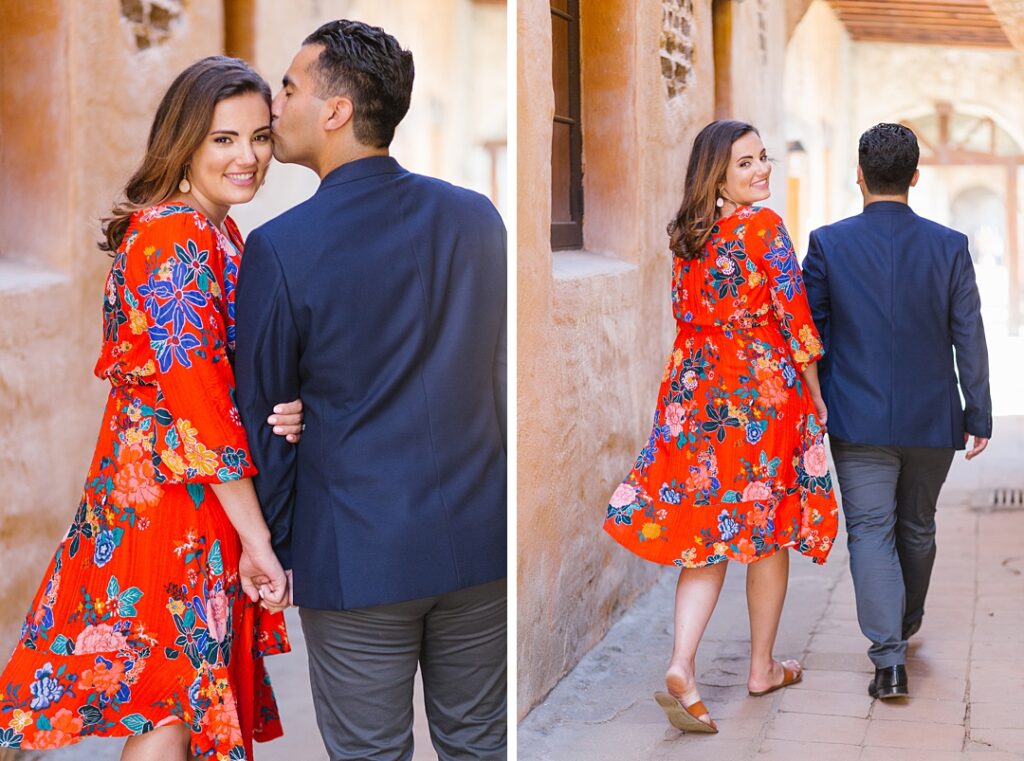 red floral Anthropologie dress for Orange County engagement session outfit