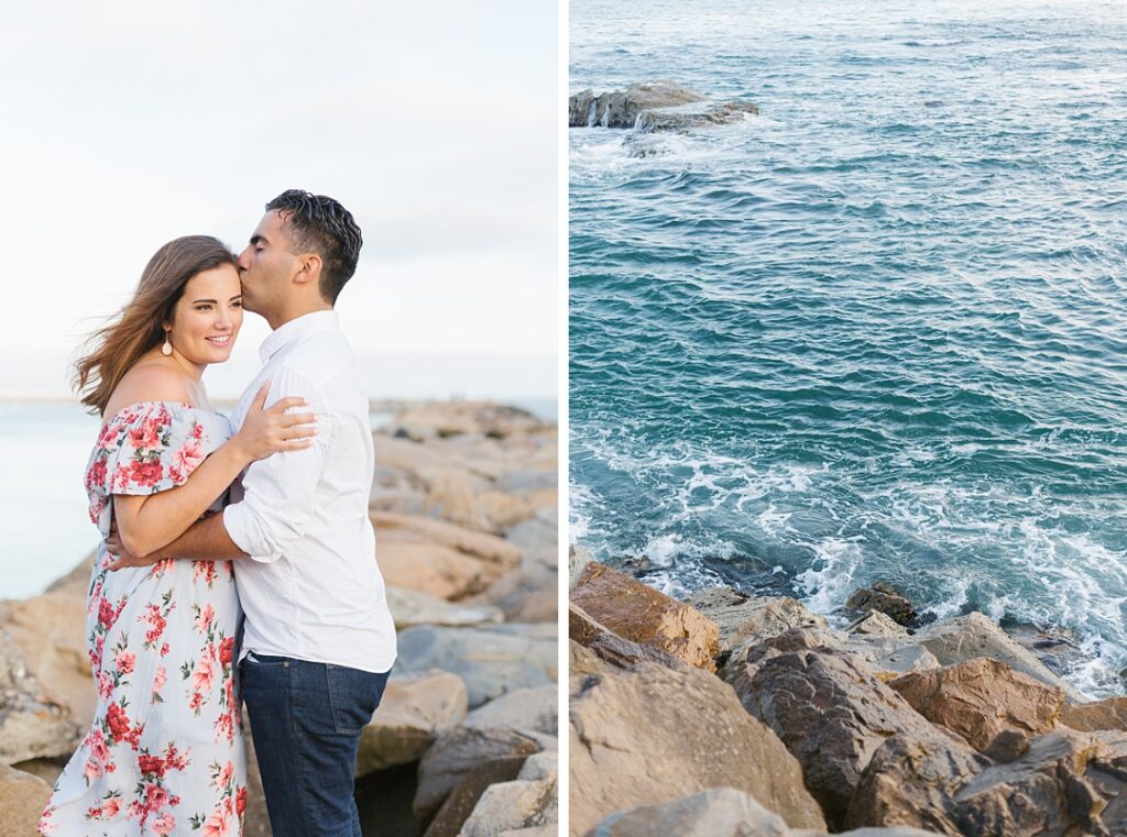 wind and waves at romantic beachy Orange County engagement session