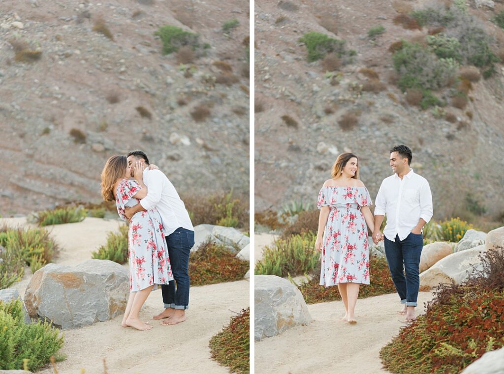 couple walks hand-in-hand during Orange County engagement photoshoot