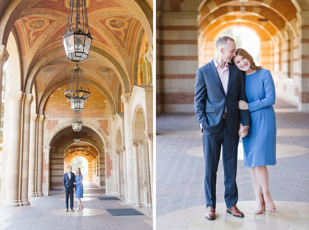 Couple stands at Royce Hall for engagement photos with stunning architectural backdrop