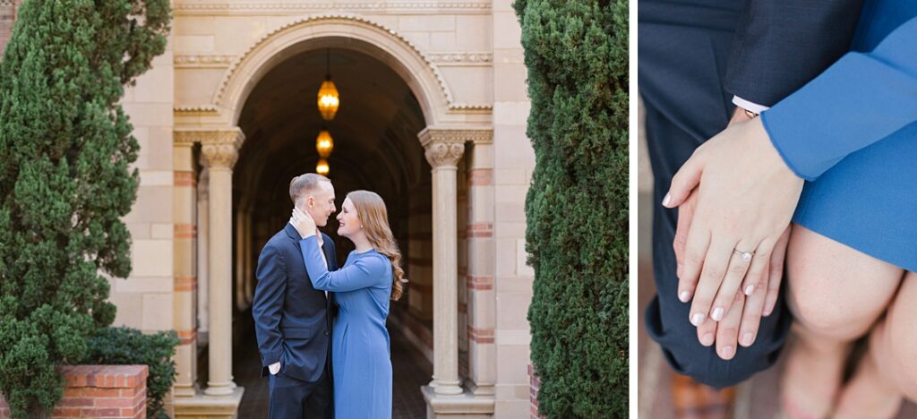 couple embraces under archway at UCLA campus