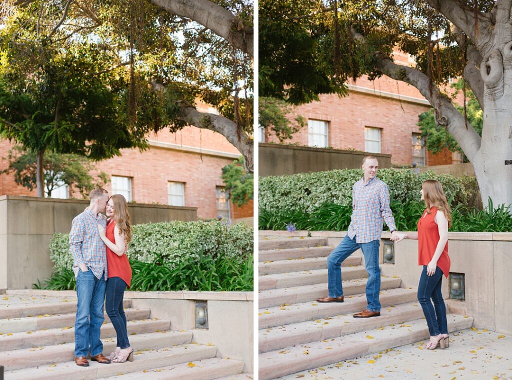 couple in front of UCLA law school for engagement photos