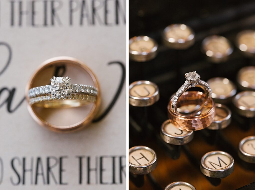 close up photo of wedding rings on typewriter