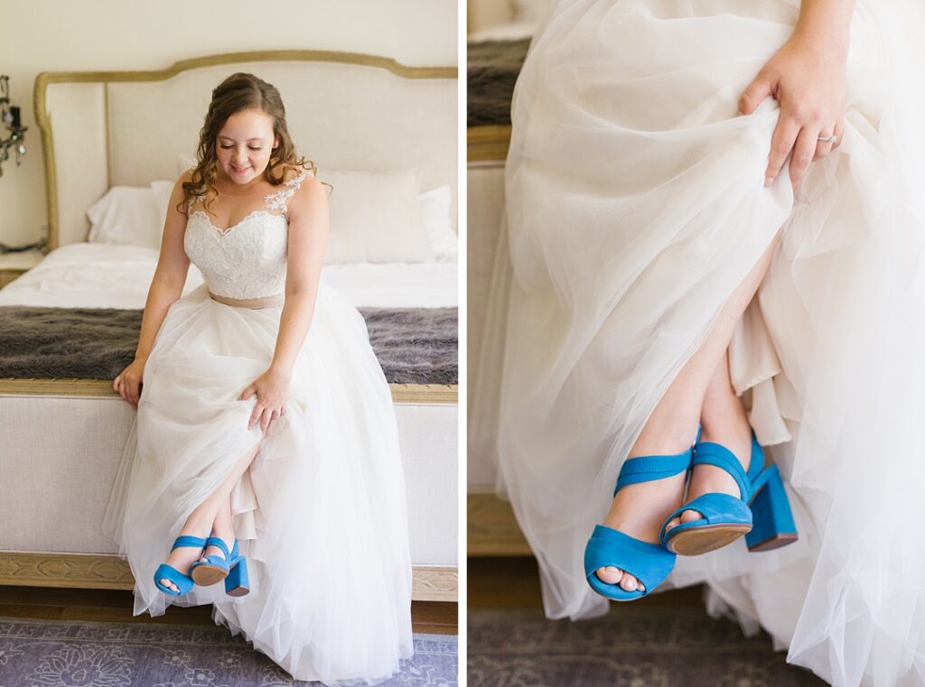 bride shows off her blue shoes