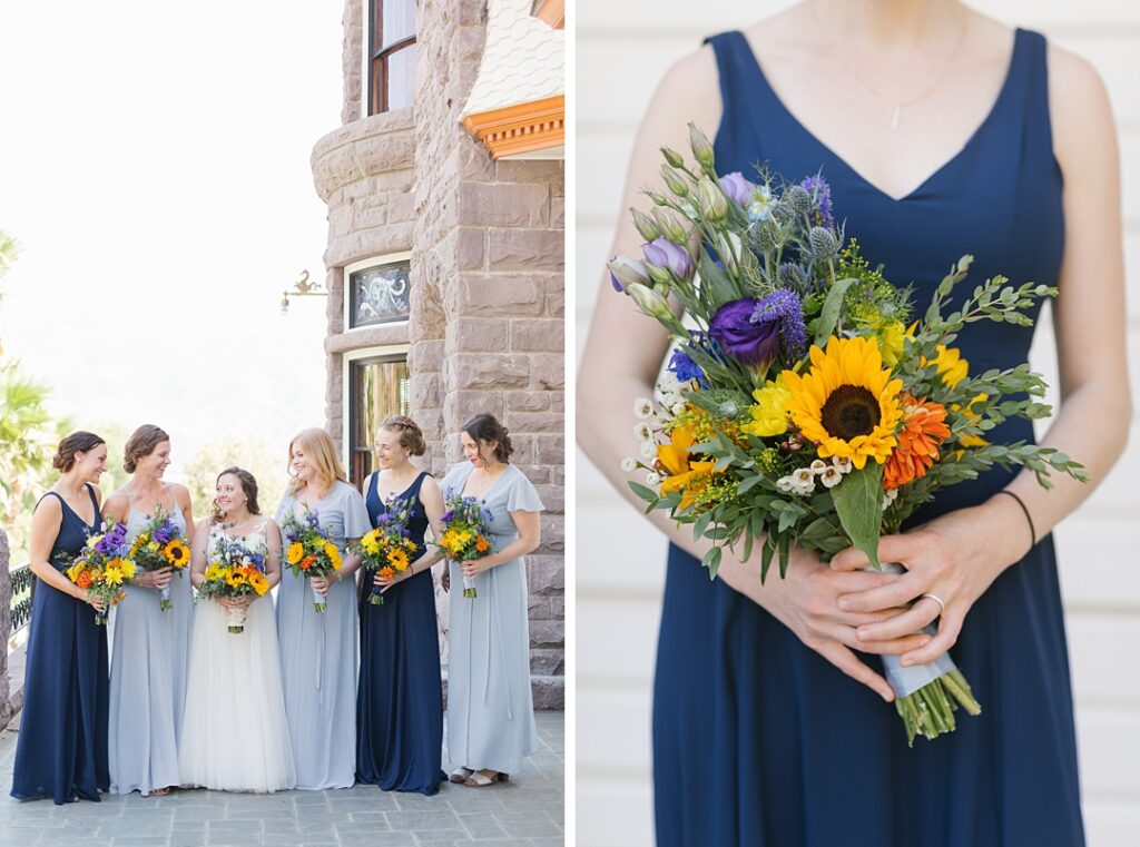 wildflower bouquets with sunflowers for outdoor summer wedding in Southern California