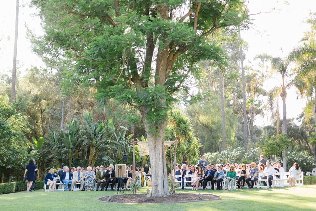 Newhall Mansion wedding with ceremony under large tree on lawn