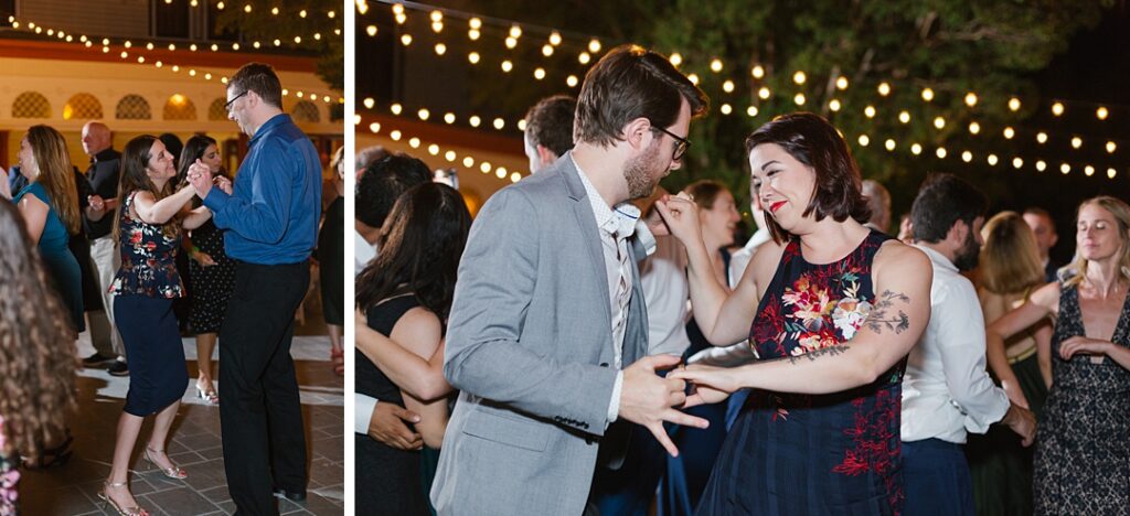 guests dance underneath bistro lights at summer outdoor wedding