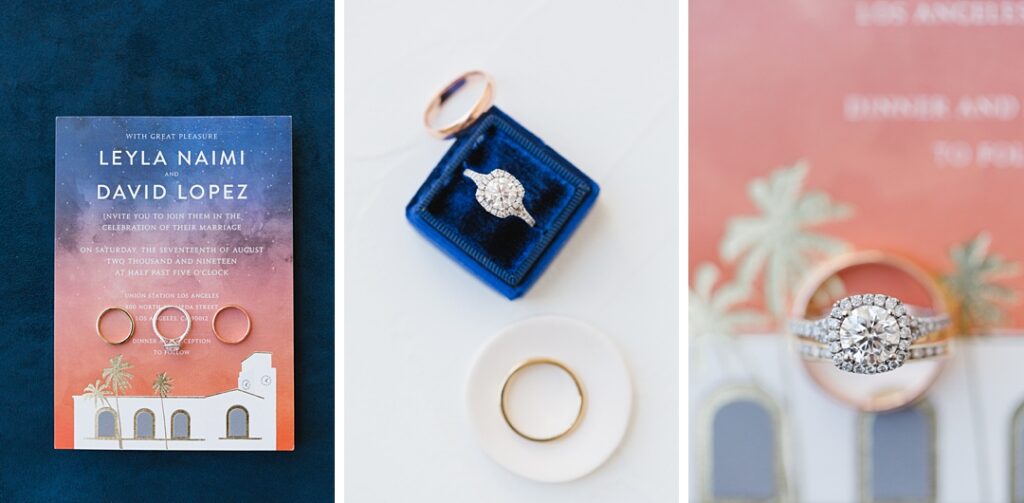flatlay of minted wedding invitation with Brilliant Earth engagement ring
