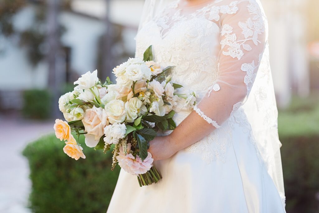 white and peach summer bridal bouquet for timeless California wedding