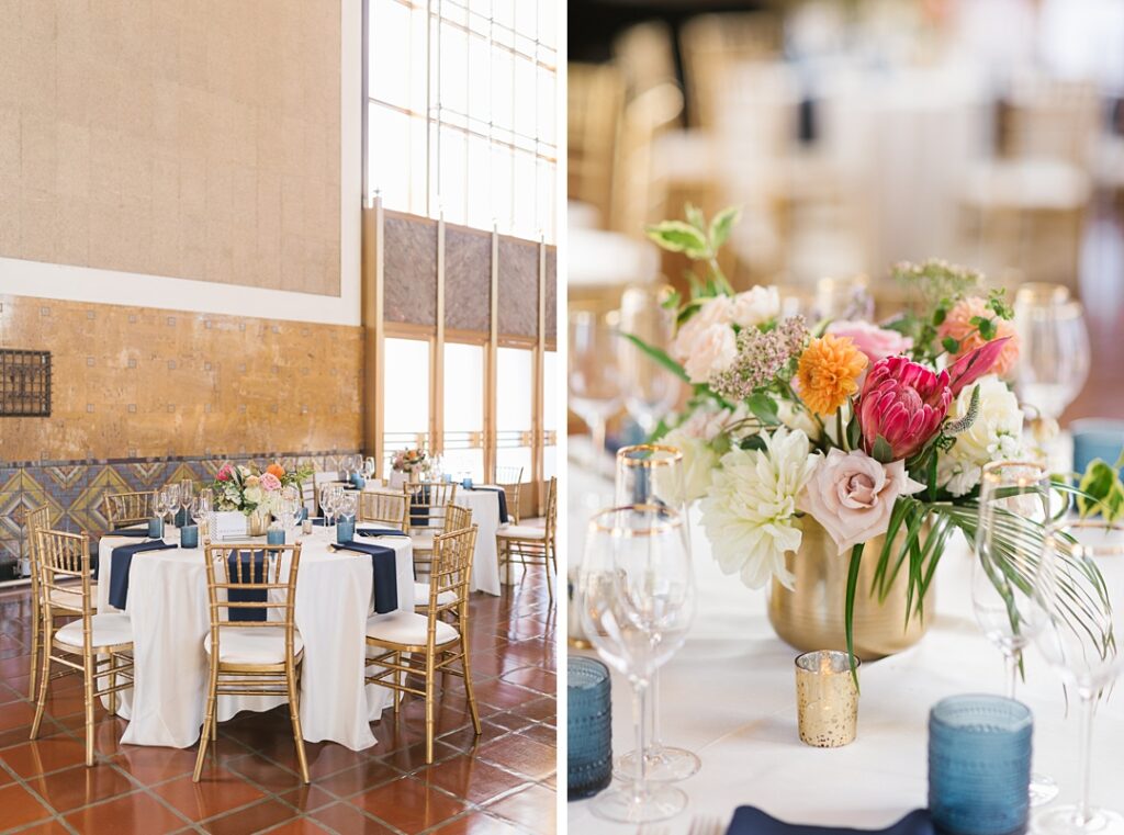 a luxury wedding reception in Southern California with gold accents