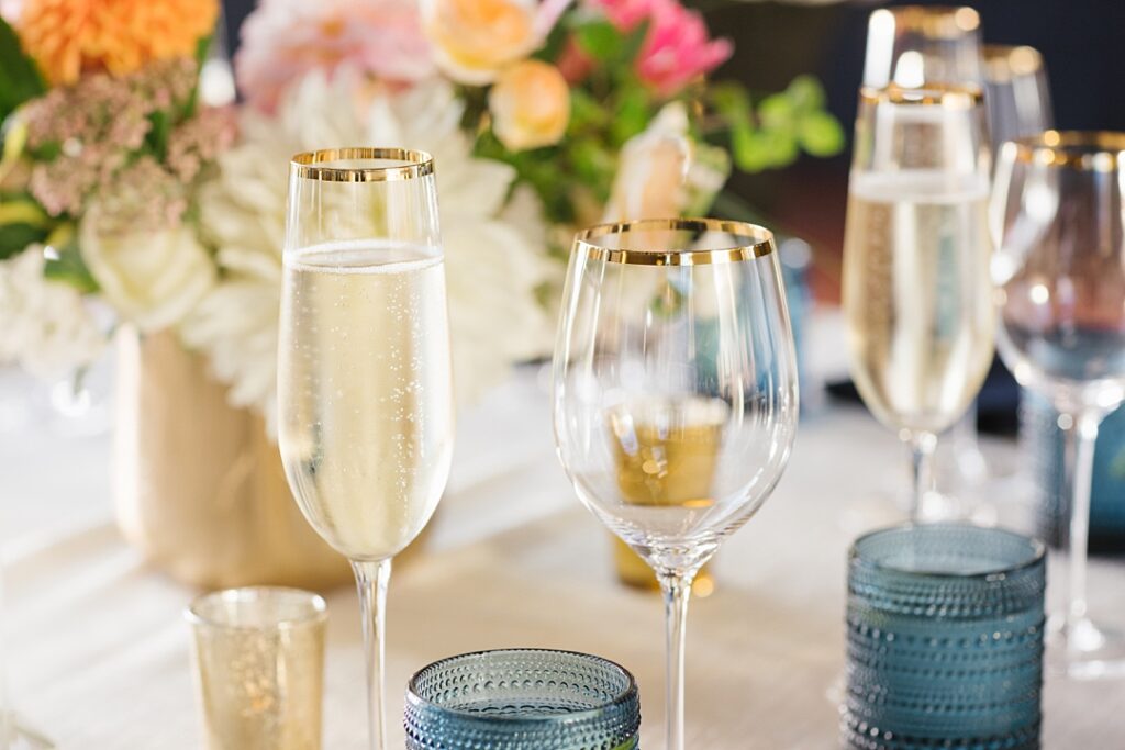champagne flutes await guests at this historic SoCal wedding venue