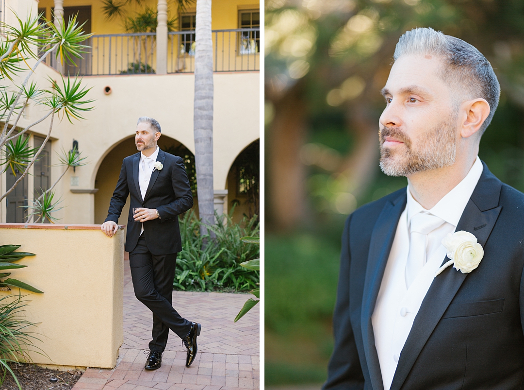 portraits of groom before his New Year's Eve wedding in Palos Verdes