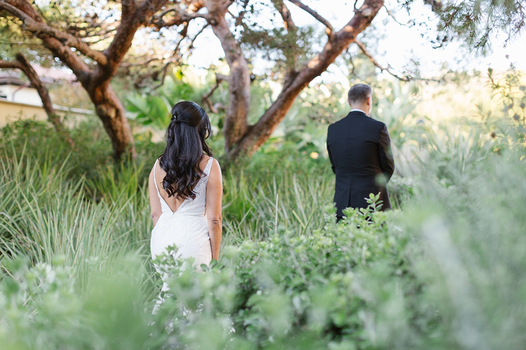 bride and groom first look in Palos Verdes