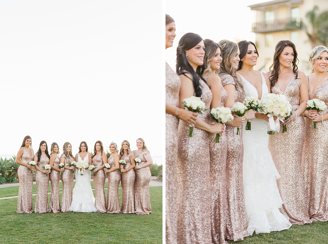 luxury Palos Verdes wedding with bridesmaids in gold