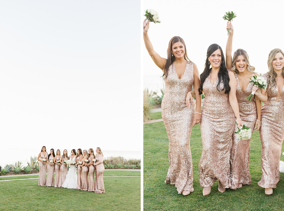 gold sequin bridesmaids dresses for luxury Southern California wedding