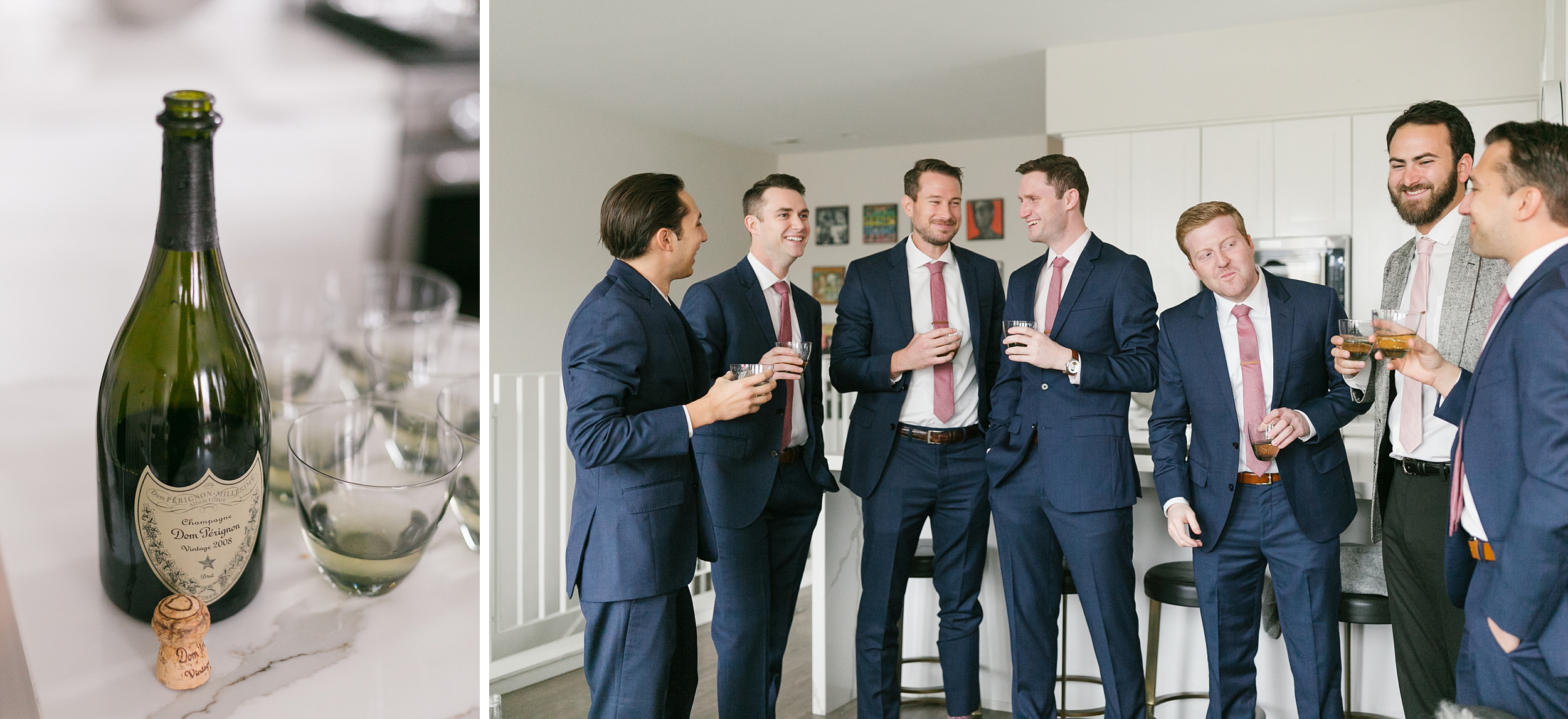 groomsmen have a champagne toast at chicago apartment
