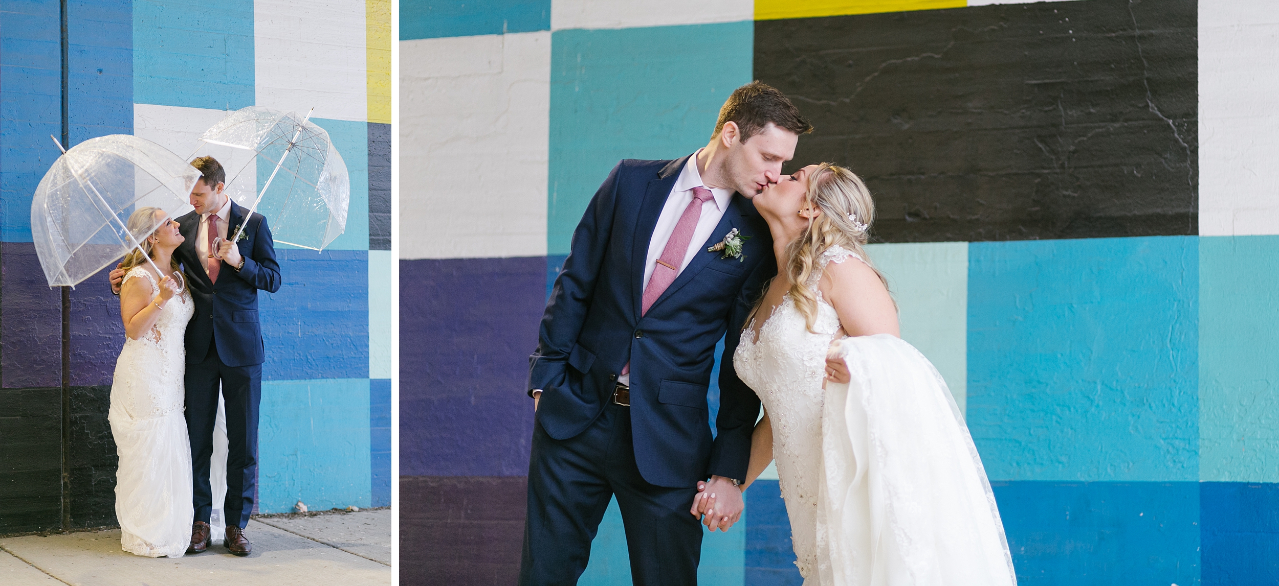 rainy day chicago wedding photos with mural backdrop