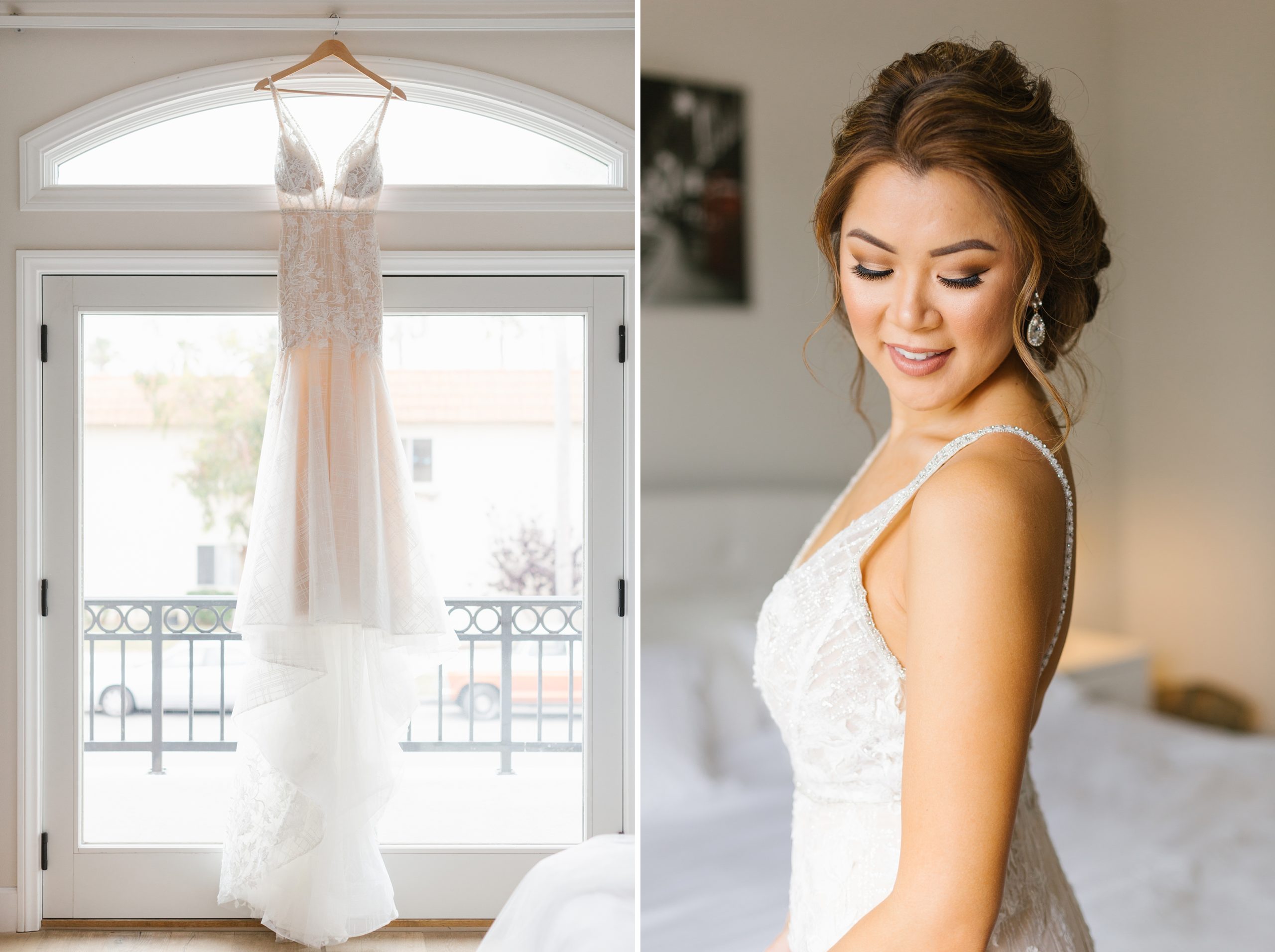Calla Blanche wedding dress hangs in window before bride gets dressed