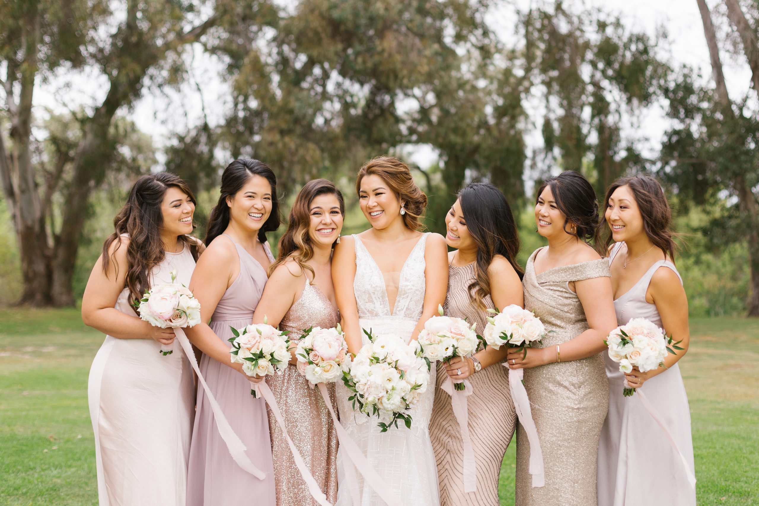 blush and gold bridesmaids for romantic Huntington Beach wedding
