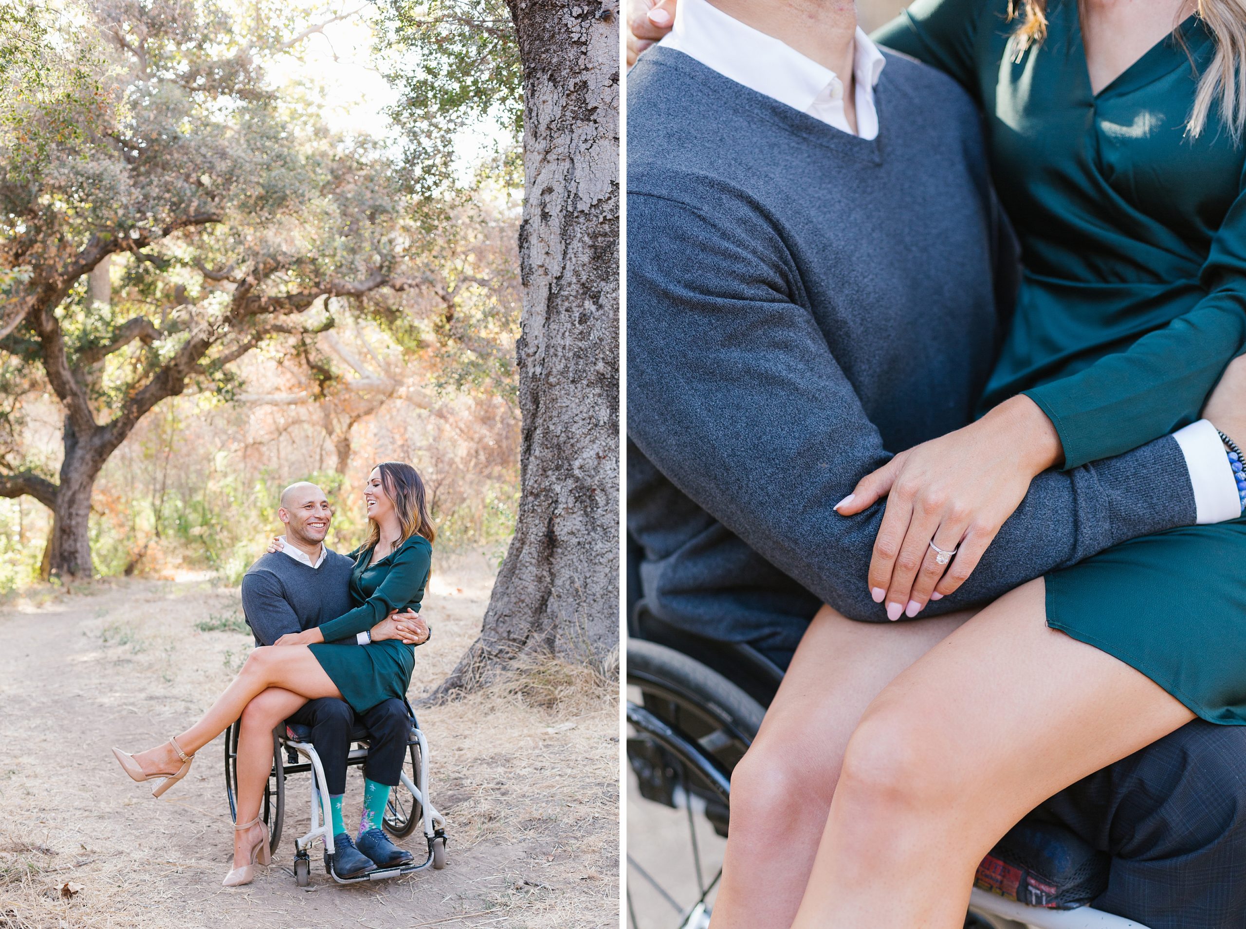 girl sits in lap of man in wheelchair for malibu engagement photos