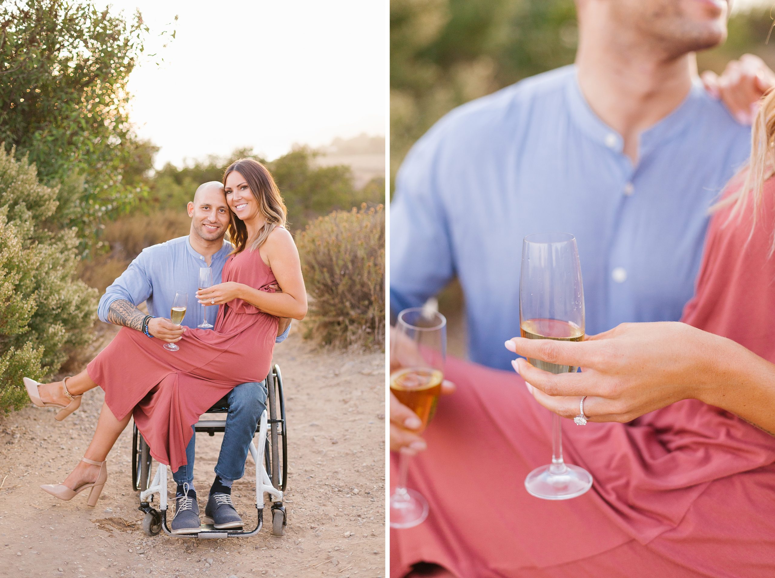 malibu bluffs park engagement photos with champagne toast
