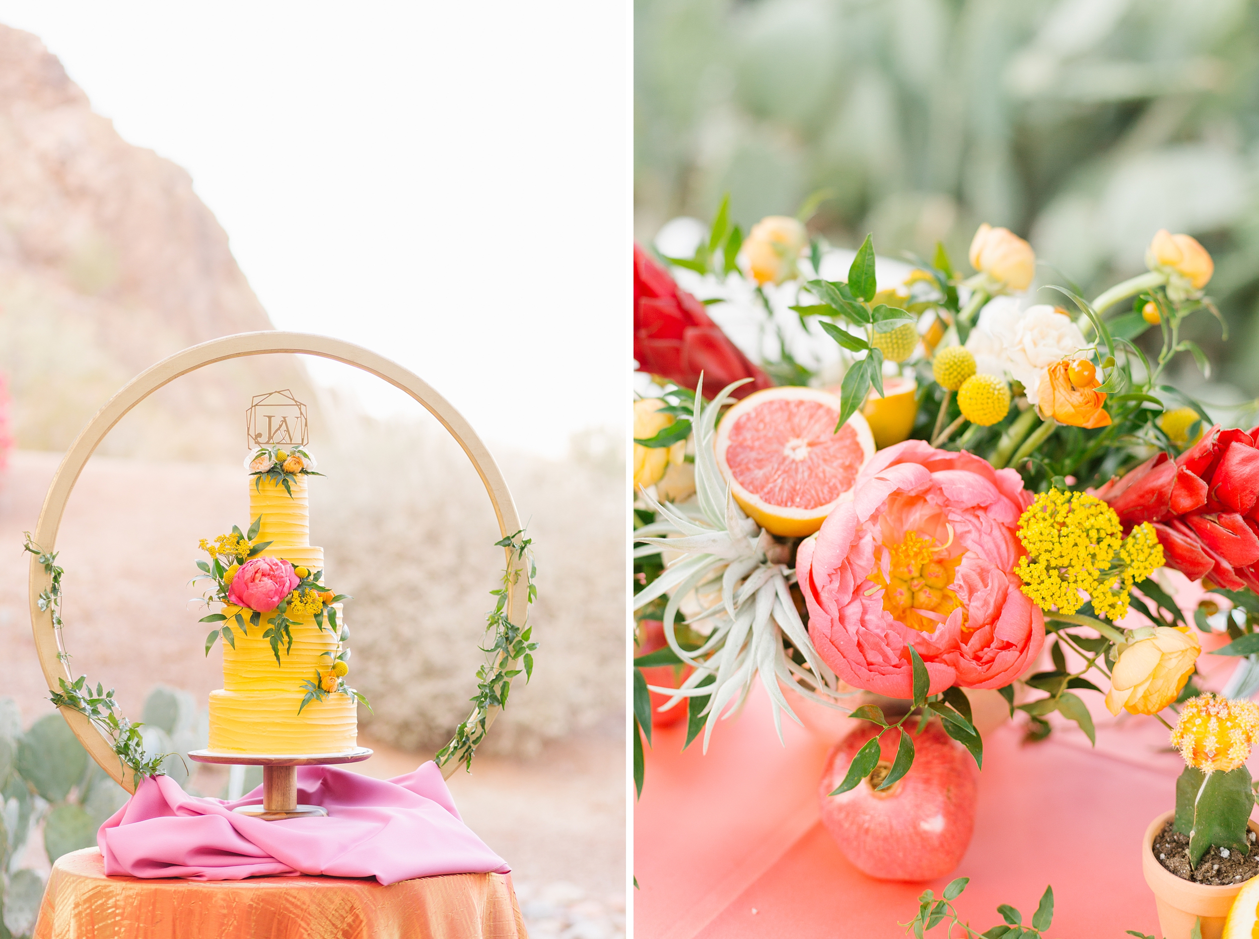 vibrant desert wedding inspiration yellow cake and florals