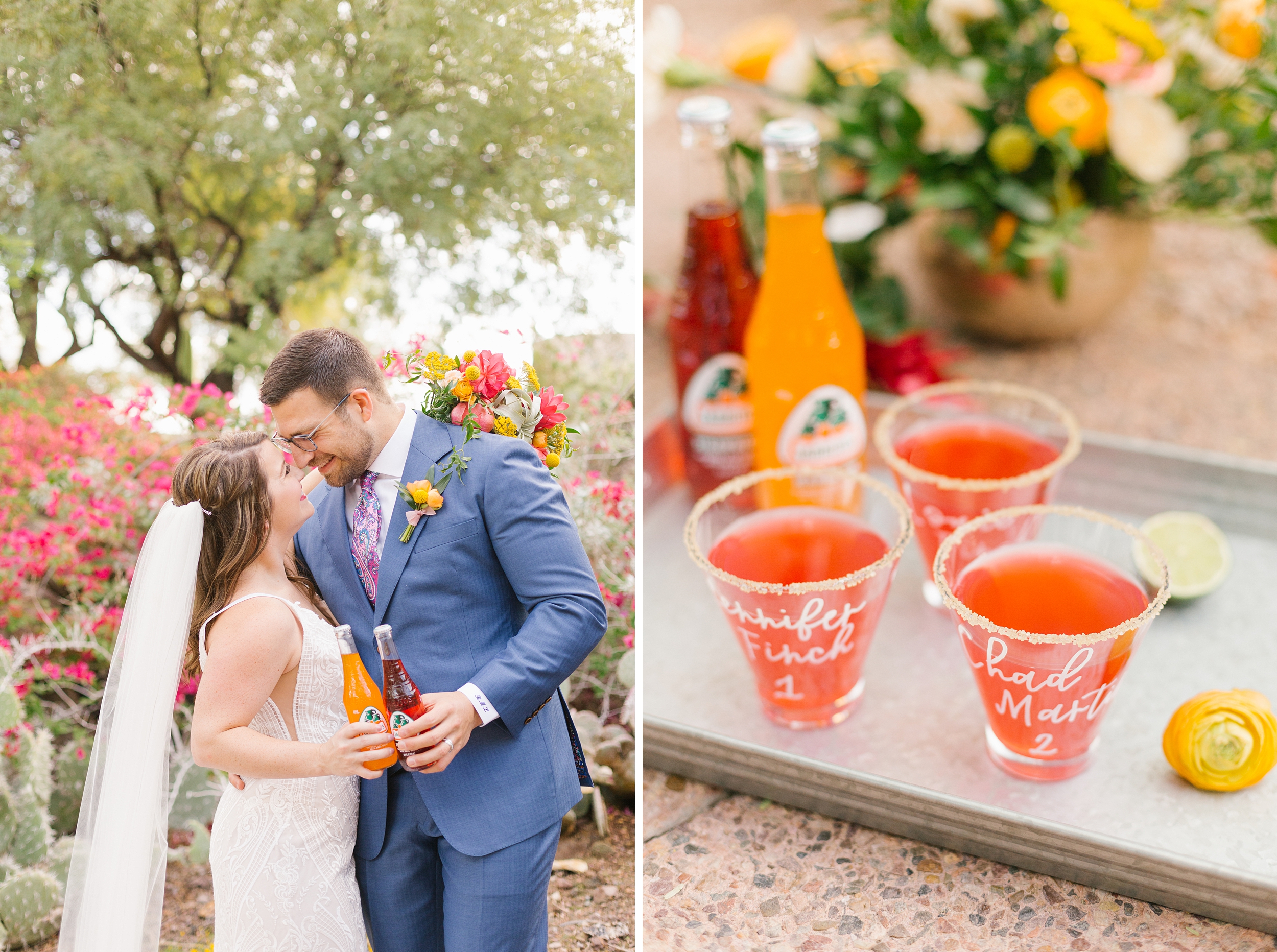 bride and groom share a non-traditional cheers for boho desert wedding